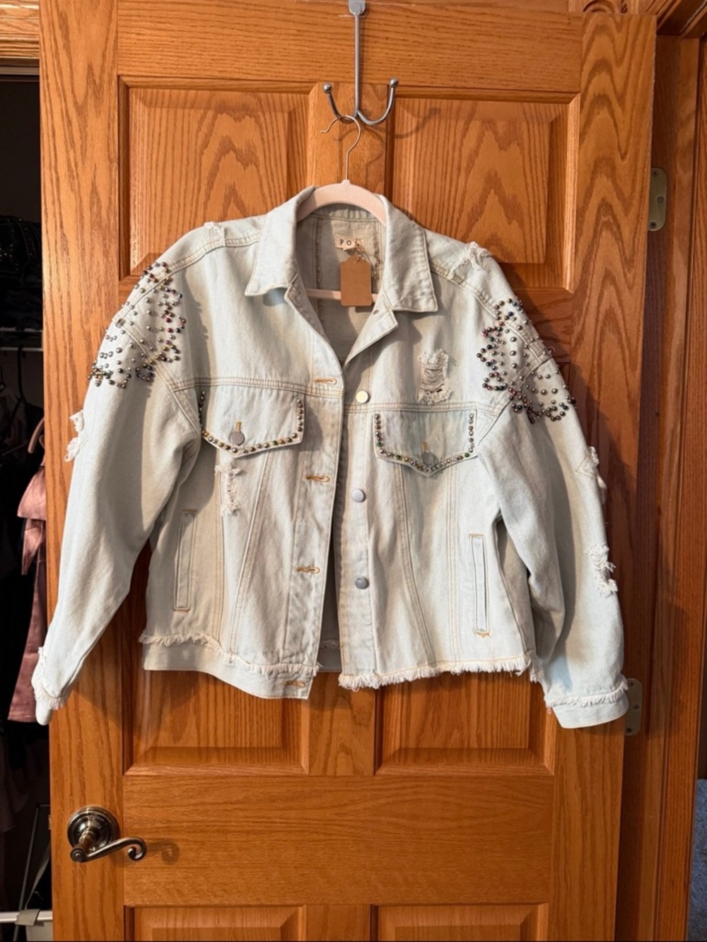 POL Light Wash Embellished Studded Denim Jacket